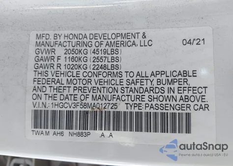 2021 Honda Accord Hybrid Ex-L z USA, uszkodzony, nr VIN 1HGCV3F58MA012725